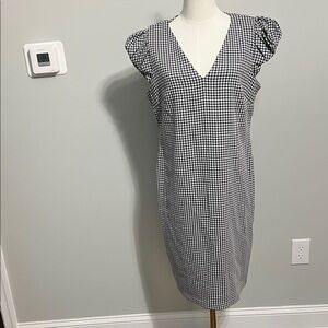 Calvin Klein Black and White Gingham V-Neck Midi Dress
